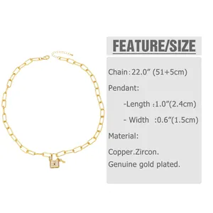 Size chart showing gold-plated lock pendant necklace dimensions with zircon details