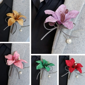 Elegant floral boutonnieres in five colors with pearl pins for wedding suits and tuxedos