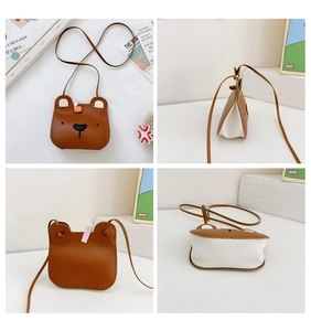 Detail view showing four angles of a cute brown and white bear-shaped kids crossbody bag