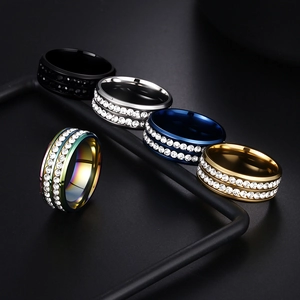 Titanium steel ring with double row of zircons in black, silver, blue, gold and rainbow