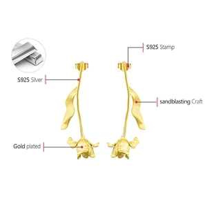 Detail of S925 silver tulip drop earrings with gold plated sandblasting craft finish