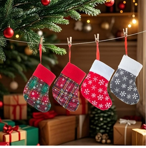 Set of four mini Christmas stockings with plaid and snowflake patterns hanging on a rope