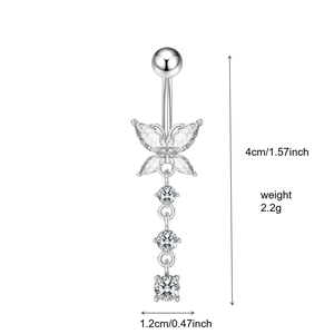 Silver butterfly belly button ring with zircon stones, showing size and weight details