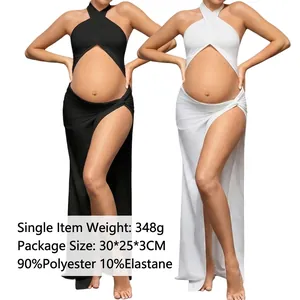 Maternity Photography Gown Halter Cross Neck Hollow Out High Slit Maxi Dress Top And Skirt Solid Polyester Spandex Slim Fit
