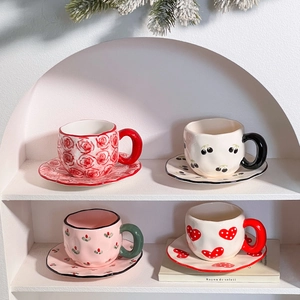 Ceramic Coffee Cup And Saucer Irregular Hand-Pinch Painted Heart Cherry Flower Bow Cute Ins Style Mug