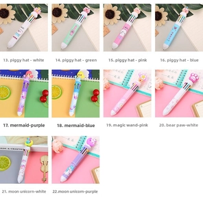 Detail of multi-color retractable ballpoint pens with various cute cartoon character toppers