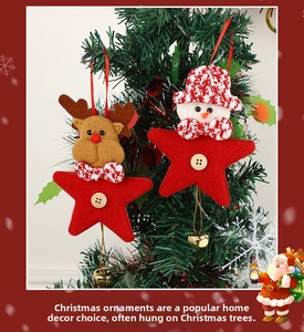 Detail of plush Christmas tree hanging ornaments with star felt and metal bell decor
