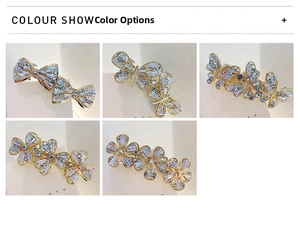 Detailed grid view showing five unique bow and flower gold-plated zircon hair clips