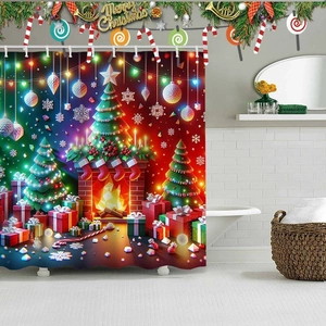 Christmas shower curtain with 3D festive fireplace, xmas tree and gifts in modern bathroom