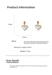 Detail view of heart-shaped pearl earrings with 925 silver pins showing dimensions