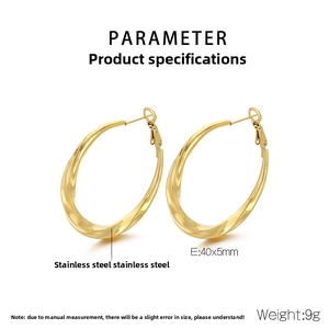 Detail showing dimensions of 18K gold twisted hoop earrings in polished stainless steel