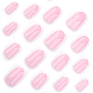 French press-on nails with translucent pink base and white tips on a white background