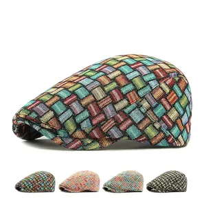 Vintage Plaid Woven Flat Cap Jacquard Pattern Ivy Newsboy Hat Polyester Adjustable Breathable Retro Accessory