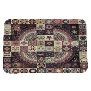 Rectangular bohemian flannel bath mat with colorful mandala pattern and non-slip backing