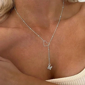 Polished stainless steel Y-shaped necklace with hollow heart and M letter pendant