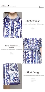 Detail view of lapel, waist, and hem on a blue floral porcelain print maxi dress
