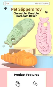 Detailed view of slipper-shaped dog toys with cleaning nubs in green, pink, and orange