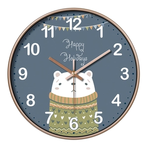Cartoon polar bear wall clock with blue dial and gold frame for kids room decor
