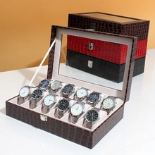 Brown crocodile leather watch box with 12 slots, beige lining, and stacked color options
