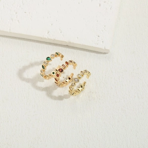 Three-piece gold-plated zircon C-shaped open rings in green, brown, and clear stones