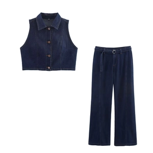 Ensemble denim femme gilet sans manches bleu foncé et pantalon large avec ceinture assortie