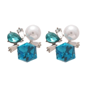 Fashionable floral earrings with blue hexagonal crystal, pear gem, and white pearl accents