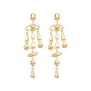 Vintage gold oval earrings featuring surrealist eye and lip fringe tassels for women
