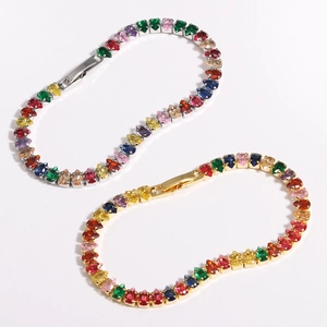 Rainbow cubic zirconia tennis bracelets in gold and silver plating with heart-shaped stones