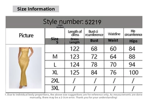 Detailed size chart for the sequined evening dress including bust, waist, and hip measurements