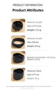 Detailed size chart showing dimensions and weights for irregular resin wide bangles