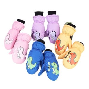 Waterproof children winter mittens with cartoon dinosaur print for skiing and snow play