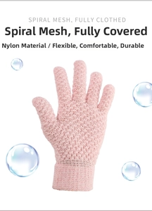 Detail of pink exfoliating bath glove with spiral mesh texture and elastic wrist cuff