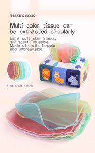 Detailed view of plush tissue box toy with eight colorful silk sensory scarves for babies