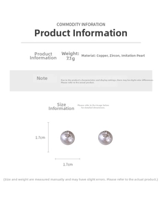 Size chart showing 7.1g weight and 1.7cm dimensions for zircon pearl earrings