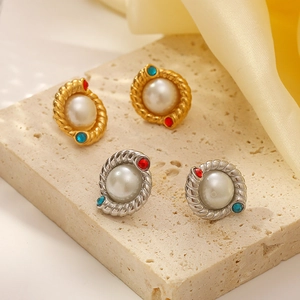 Barock Künstliche Perle Edelstahl Ohrringe Mit Blau Roten Strasssteinen 18K Vergoldet Vintage Französischer Stil Schmuck