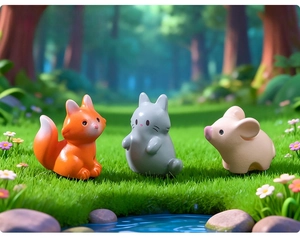 Miniature fox cat and pig figurines on moss landscape garden decor ornaments