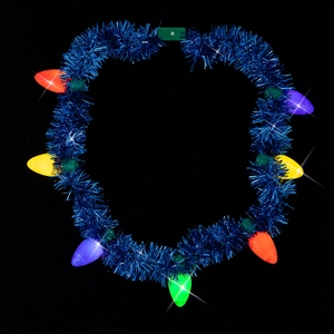 LED light-up Christmas necklace with colorful bulbs and blue tinsel for holiday party props