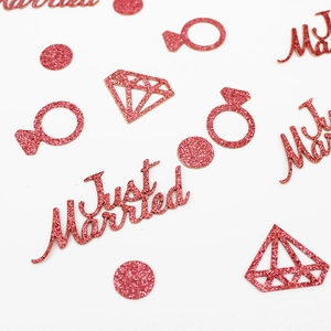 Rose pink glitter wedding confetti with Just Married letters and diamond shapes