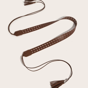Vintage hollow PU leather belt in dark brown with stylish fringe tassels and round ring