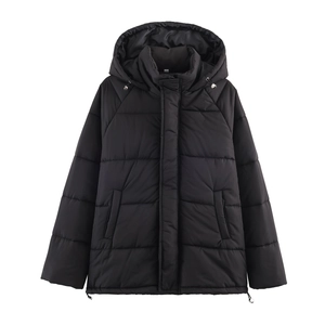 Women Puffer Jacket Hooded Mid-Length Loose Fit Quilted Winter Coat Polyester Solid Color Drawstring Hem Warm Outerwear
