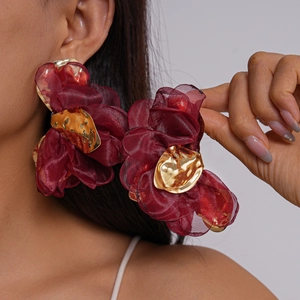 Boucles D Oreilles Fleur Mousseline Exagérées Femmes Avec Tige En Acier Inoxydable Bijoux Floraux En Tissu Mode