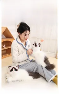 Detailed realistic plush Ragdoll cat set featuring white and grey faux fur and blue eyes