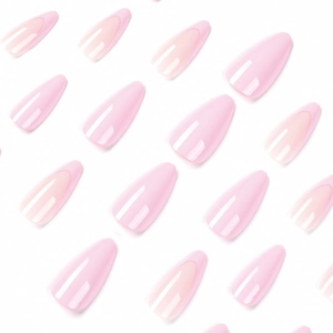 Glossy pink gradient almond press-on nails with elegant French tip design on white background