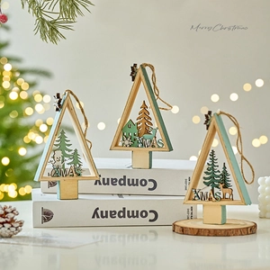 Three-piece wooden Christmas tree ornaments featuring reindeer and snowman hollow carvings