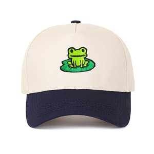 Detailed embroidery of a cartoon frog on lotus leaf on contrast baseball cap crown
