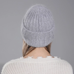 Grey rabbit fur winter knit beanie for women featuring a ribbed design and folded cuff