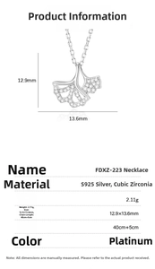Detailed specs of S925 sterling silver ginkgo leaf pendant with zirconia stones