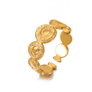 Gold plated stainless steel adjustable open ring with sunburst pattern discs