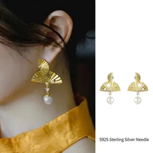 Boucles D Oreilles Pendantes En Forme D Éventail Avec Künstliche Perle D Imitation Strass Et Tige En Argent Sterling 925 Style Chinois Pour Femmes