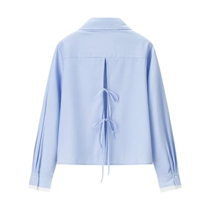 Blue vertical striped long sleeve shirt for women featuring open back and bow tie details